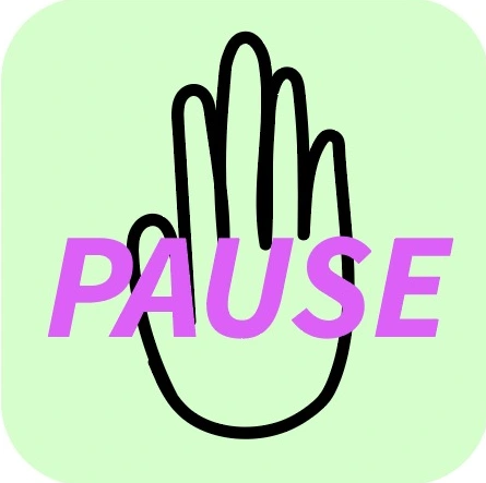 PAUSE mint hand icon with magenta lettering